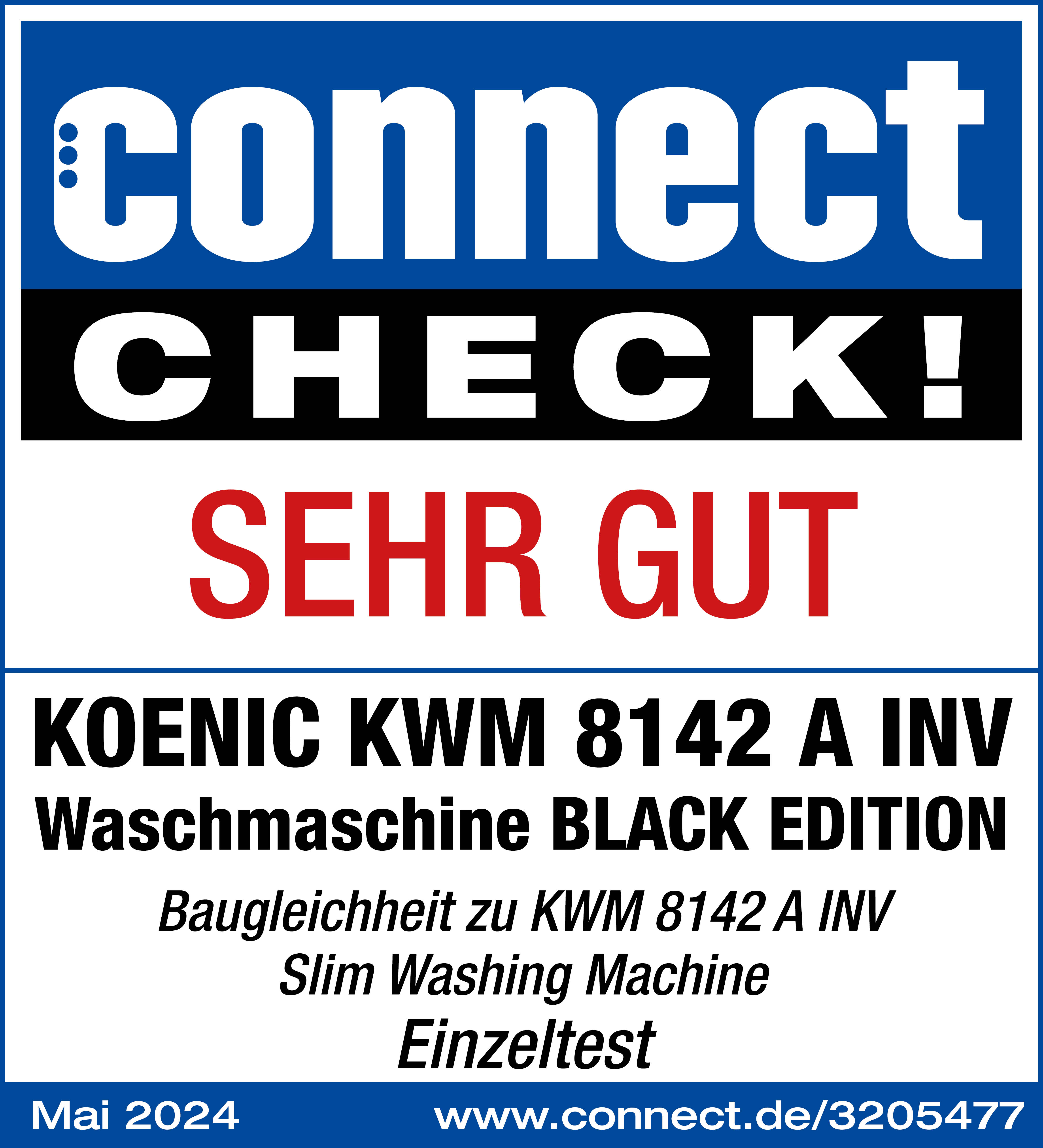 Blaues Connect Check Logo mit 'SEHR GUT' Text auf weißem Hintergrund.